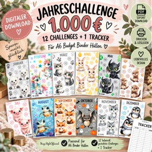 Puede incluir: Un conjunto de retos de ahorro digitales para carpetas A6, con 12 tarjetas mensuales con ilustraciones de animales y círculos numerados para seguir 1.000 Euro. Incluye una hoja de seguimiento, texto en alemán e iconos de descarga e impresión.