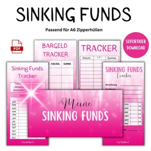 Puede incluir: Hojas de seguimiento imprimibles en rosa y blanco para fondos de ahorro. Las hojas incluyen secciones para el seguimiento del efectivo, los gastos y un calendario mensual. El texto "Fondos de ahorro" aparece en un fondo de brillo rosa y blanco.