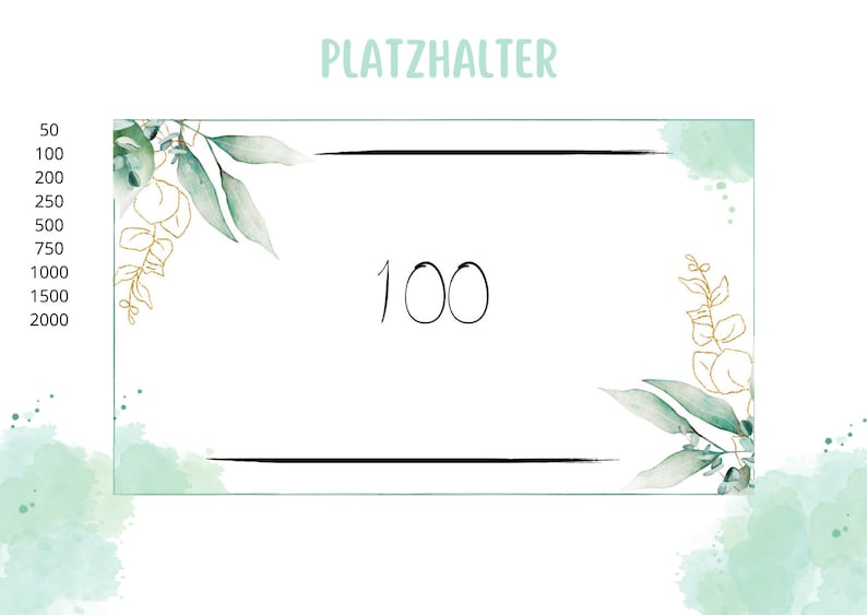 Puede incluir: Una tarjeta blanca con un borde negro y acentos de acuarela verde. El n&uacute;mero "100" est&aacute; escrito en tinta negra en el centro de la tarjeta. La palabra "PLATZHALTER" est&aacute; escrita en verde en la parte superior de la tarjeta.