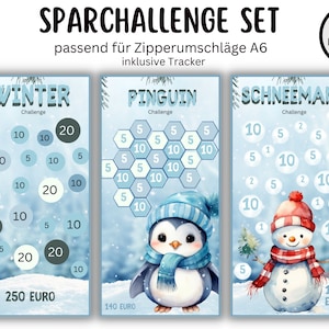 May include: Three printable winter-themed challenge cards with a penguin, snowman, and winter scene. Each card has a different amount of money to be earned for completing the challenge. The cards are designed for use with zipper pouches.