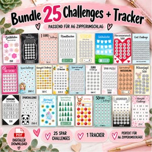 Sparchallenge Set Mein Sparglas, 25 Sparchallenges + Tracker, A6 Budget Binder, Umschlagmethode, PDF, Digitaler Download
