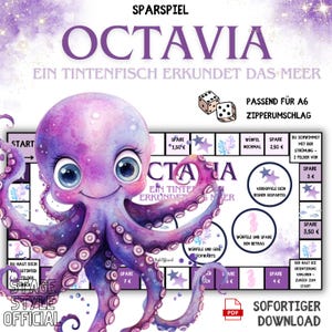 Puede incluir: Un pulpo morado con un diseño de acuarela es la pieza central de un juego de mesa llamado "Octavia: Ein Tintenfisch erkundet das Meer". El tablero de juego presenta un diseño colorido con imágenes de criaturas marinas y estrellas. El juego está diseñado para niños de 6 años en adelante e incluye una bolsa con cremallera para almacenamiento.