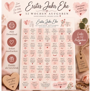 Peut inclure: Une liste de contrôle imprimable intitulée Erstes Jahr Ehe 52 Wochen Aufgaben avec une grille de 52 cases numérotées contenant du texte allemand et des icônes, ornée d'illustrations de cœurs, de motifs floraux et de la phrase Liebe in 52 Aufgaben.
