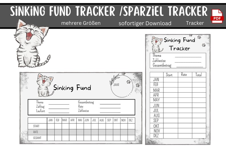 Op de afbeelding: Een printbare spaarplan-tracker met een schattige kattenillustratie. De tracker bevat secties voor het thema, de betaalmethode, het totale bedrag, de startdatum, het tarief en het totaal voor elke maand van het jaar.