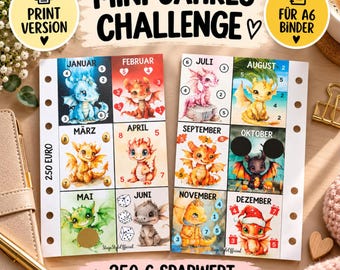 May include: Two A6 binder inserts for a savings challenge featuring twelve colorful dragon illustrations, one for each month from January to December. Each section includes numbered icons for tracking progress, with the text Mini Jahres Challenge and 250 Euro Sparwert Beidseitig Bedruckt.