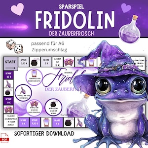 Savings game Witch Frog Fridolin Lila | Savings challenge A6 | PDF download | Savings game with dice | Budget binder envelope method