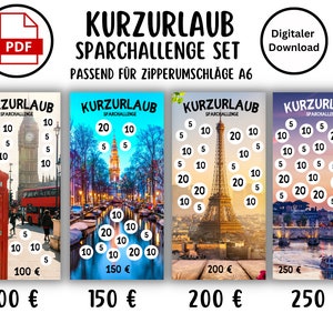 Op de afbeelding: Vier kleurrijke kaarten met afbeeldingen van Londen, Amsterdam, Parijs en Rome. Elke kaart heeft een spaaruitdagingsthema met de tekst "Kurz Urlaub Sparchallenge" en verschillende geldbedragen: 100 euro, 150 euro, 200 euro en 250 euro.