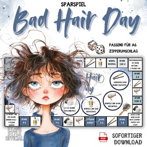 Könnte beinhalten: Ein farbenfrohes Spielbrett mit einem Comic-Mädchen mit unordentlichen Haaren. Das Brettspiel heißt "Bad Hair Day" und ist für einen A6-Reißverschluss-Umschlag konzipiert. Das Spielbrett hat Felder, auf denen sich die Spieler bewegen können, und enthält Anweisungen zum Sparen von Geld. Das Spielbrett ist für ein lustiges und spannendes Erlebnis konzipiert.
