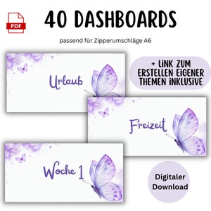 40 Dashboards (Deckblätter) Lila Schmetterling für A6 Umschläge Umschlagmethode im Budget Binder | Digitaler PDF Download lila