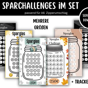 May include: Four printable saving challenge charts with different jar sizes. Each chart features a black and white illustration of a jar with a label that says "Sparglas" and a target amount of money. The charts are designed to help people save money.