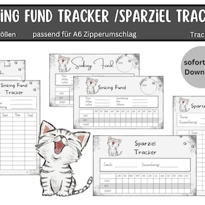 Könnte beinhalten: Vier druckbare Budget-Tracker-Blätter mit einer niedlichen Cartoon-Katzenillustration. Die Blätter sind für einen Sinking Fund oder Sparziele konzipiert. Die Blätter enthalten Abschnitte für den Monat, den Startbetrag, den Satz, die Summe und die Gesamtsumme. Die Blätter sind mit "Sinking Fund Tracker" und "Sparziel Tracker" beschriftet.