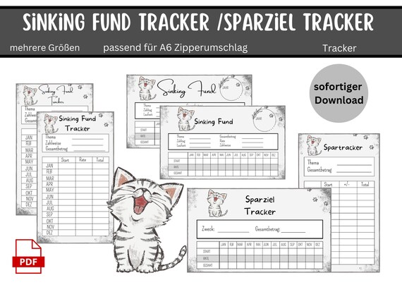 Sinking Funds Set "Katze" - Sinking Fund Tracker - Spartracker  Umschlagmethode - passend für die A6 Umschläge cat