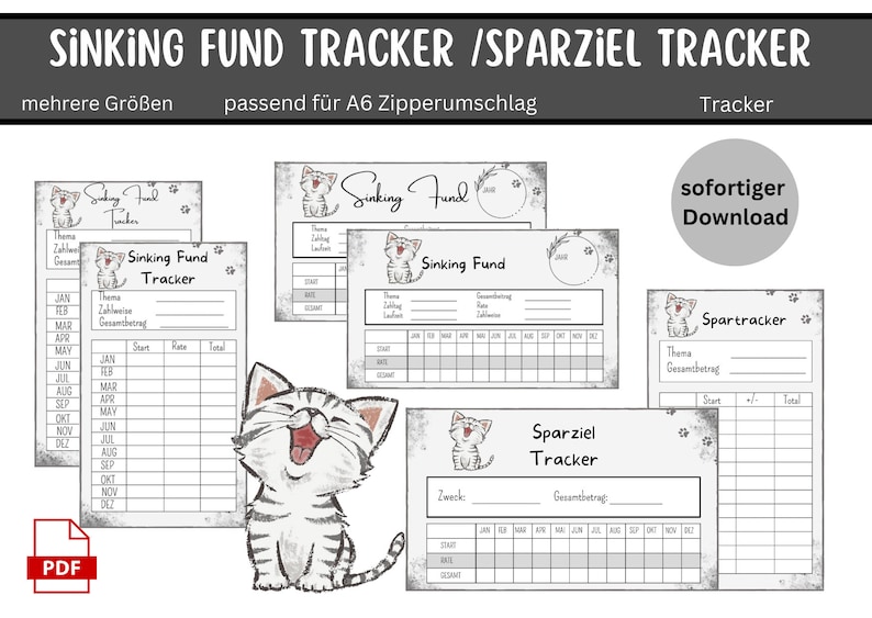 Op de afbeelding: Vier printbare budgettrackerbladen met een schattige cartoon-katillustratie. De bladen zijn ontworpen voor een sinking fund of spaardoelen. De bladen bevatten secties voor de maand, het startbedrag, het tarief, het totaal en het totaalbedrag. De bladen zijn gelabeld "Sinking Fund Tracker" en "Sparziel Tracker".