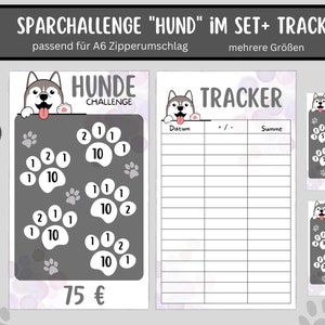 Puede incluir: Un conjunto de seguimiento de desafío de ahorro imprimible con temática de perro. El conjunto incluye tres tarjetas de desafío diferentes con diseños de huellas de patas y una hoja de seguimiento con columnas para la fecha, la cantidad ahorrada y el total ahorrado. Las tarjetas de desafío están etiquetadas con precios de 50 €, 75 € y 100 €. La hoja de seguimiento tiene una ilustración de perro en la parte superior.