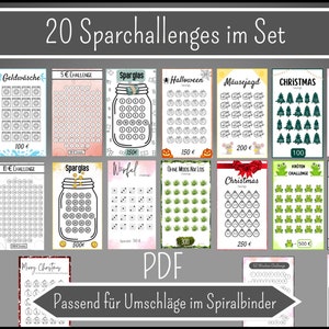 May include: A set of 20 printable saving challenges in PDF format. Each challenge features a different theme, such as winter, Halloween, Christmas, and more. The challenges are designed to be used with envelopes in a spiral binder.
