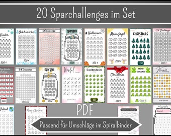 20 savings challenges suitable for budget book, savings binder, budget, cash stuffing - German version - Digital download