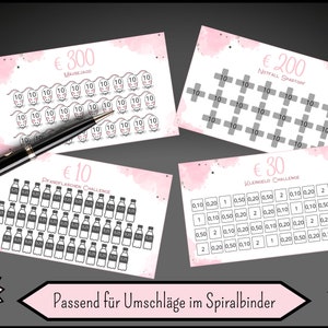 May include: Four pink and white printable cards with a watercolor background. Each card has a different amount of money on it, ranging from &euro;10 to &euro;300. The cards are designed for use with a spiral binder. The text on the cards includes "Mouse Jagd", "Notfall Spartopf", "Prandflaschen Challenge", and "Kleingeld Challenge".