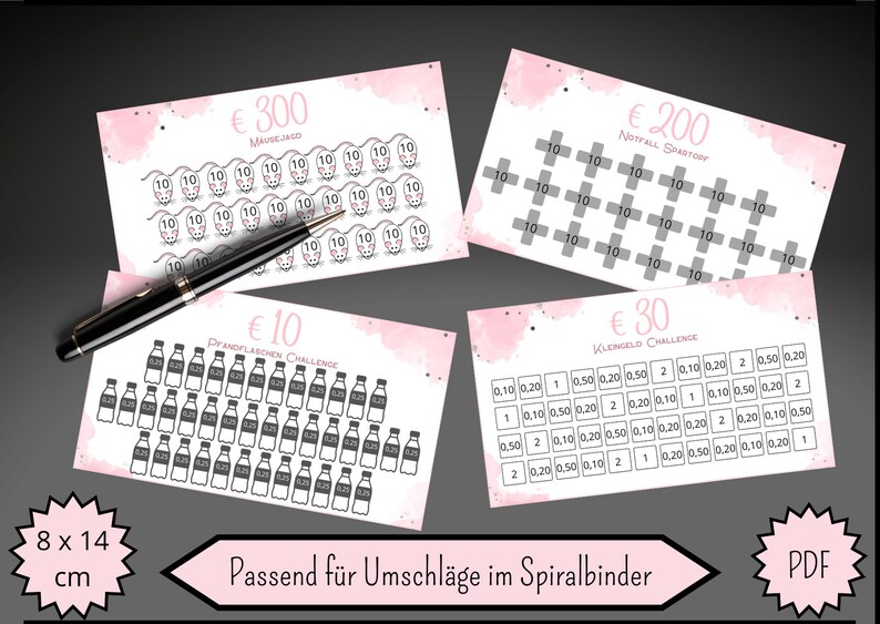 May include: Four pink and white printable cards with a watercolor background. Each card has a different amount of money on it, ranging from &euro;10 to &euro;300. The cards are designed for use with a spiral binder. The text on the cards includes "Mouse Jagd", "Notfall Spartopf", "Prandflaschen Challenge", and "Kleingeld Challenge".