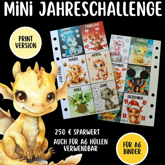 Mini Jahreschallenge „Süße Drachen“ – 250 EUR Sparziel | Printversion | gelocht für A6 Budget Binder | beidseitig bedruckt | Monatsmotive