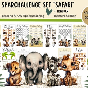 Safari savings challenge set PDF suitable for A6 envelopes in a savings binder - German - Digital download lion elephant envelope method