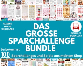 Stort sparutmaningspaket – 100 sparutmaningar och spel | A6-budgetering i PDF-format för nedladdning | Kuvertmetod | Spårning | Direkt PDF-nedladdning