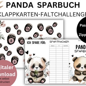 Carte pliante à 3 volets Livre d'épargne Panda PDF adapté aux enveloppes A6 dans un classeur d'épargne Version allemande Méthode d'enveloppe de téléchargement numérique