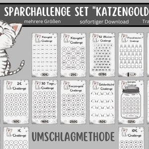 Katzengold savings challenge set PDF suitable for A6 envelopes in savings binder - German version - Digital download cat cat envelope method