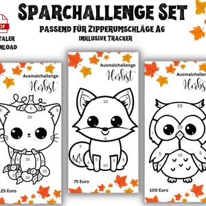 Peut inclure: Trois pages à colorier imprimables représentant un chat, un renard et un hibou avec des motifs sur le thème de l'automne. Chaque page porte le titre "Ausmalchallenge Herbst" qui se traduit par "Défi de coloriage Automne". Les pages sont vendues au prix de 125 €, 75 € et 100 €.