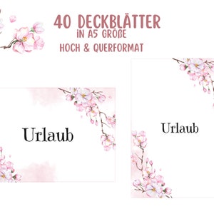 Puede incluir: 40 hojas de portada imprimibles en tama&ntilde;o A5 con un dise&ntilde;o floral rosa. El texto "Urlaub" est&aacute; escrito en las hojas de portada. Las hojas de portada son perfectas para usar como planificador, diario o cuaderno.