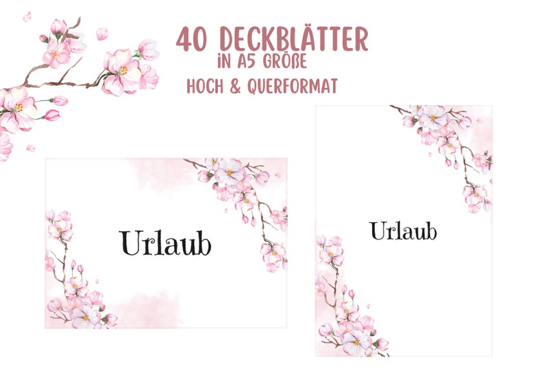Puede incluir: 40 hojas de portada imprimibles en tama&ntilde;o A5 con un dise&ntilde;o floral rosa. El texto "Urlaub" est&aacute; escrito en las hojas de portada. Las hojas de portada son perfectas para usar como planificador, diario o cuaderno.