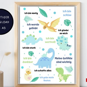 Cartel de afirmaciones, pdf, habitación infantil, cartel de dinosaurios, afirmaciones positivas niños, DIN A4, DIN A3, tarjeta de afirmaciones, infantil, decoración dinosaurio