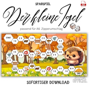 May include: A printable board game for kids featuring a cute hedgehog illustration. The game board is designed for A6 size envelopes and includes a "Start" space, spaces with numbers and euro symbols, and spaces with images of apples, foxes, and fences. The game also includes a "Roll Again" space.