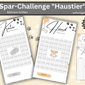 Puede incluir: Dos tablas imprimibles para un desafío de ahorro para mascotas. Las tablas se titulan "Gato" y "Perro" y presentan una ilustración de un gato y un perro. Cada tabla tiene una cuadrícula de 50 cuadrados, cada uno representando 10 €. Las tablas están etiquetadas con el texto "Haustierpat" y "500 €".