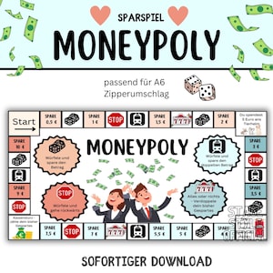 Puede incluir: Un juego de mesa imprimible para niños llamado "Moneypoly" con un diseño colorido en verde, amarillo y rojo. El tablero de juego incluye espacios para ahorrar dinero, una señal de stop y un icono de tren. El juego está diseñado para sobres de tamaño A6.