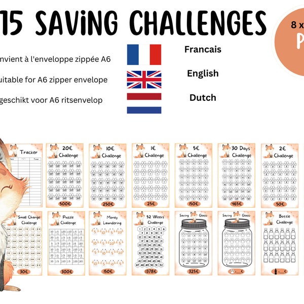 Sparfuchs saving challenge Set DUTCH ENGLISH FRENCH A6 envelopes Sparbinder Digital Download Fuchs envelope method Pdf