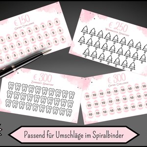 May include: Four printable pink and white cards with a watercolor background. Each card has a different theme: Easter Challenge, Christmas Savings, Dentist Savings, and Easter Challenge. The cards feature different icons and numbers for tracking savings.