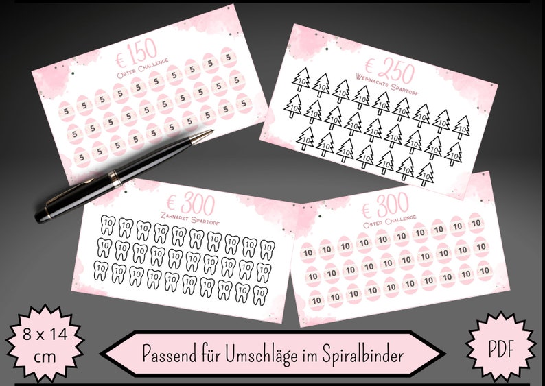 May include: Four printable pink and white cards with a watercolor background. Each card has a different theme: Easter Challenge, Christmas Savings, Dentist Savings, and Easter Challenge. The cards feature different icons and numbers for tracking savings.