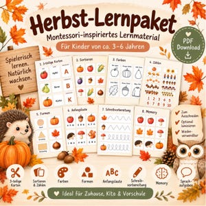 Könnte beinhalten: Ein digitales Lernpaket mit dem Titel Herbst-Lernpaket, bestehend aus acht ausdruckbaren Arbeitsblättern zu herbstlichen Themen wie Obst, Gemüse, Formen und Zählen. Mit Illustrationen von einem Igel, einer Eule und Ahornblättern.