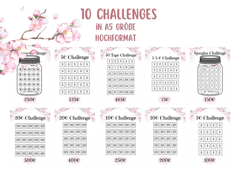 Puede incluir: Diez botes de desaf&iacute;o imprimibles en tama&ntilde;o A5, con un dise&ntilde;o floral rosa. Cada bote tiene una denominaci&oacute;n de moneda diferente y un importe total, como un desaf&iacute;o de 5 c&eacute;ntimos por 1,25 &euro;, un desaf&iacute;o de 20 c&eacute;ntimos por 5,00 &euro; y un desaf&iacute;o de 1 a 5 c&eacute;ntimos por 7,50 &euro;.