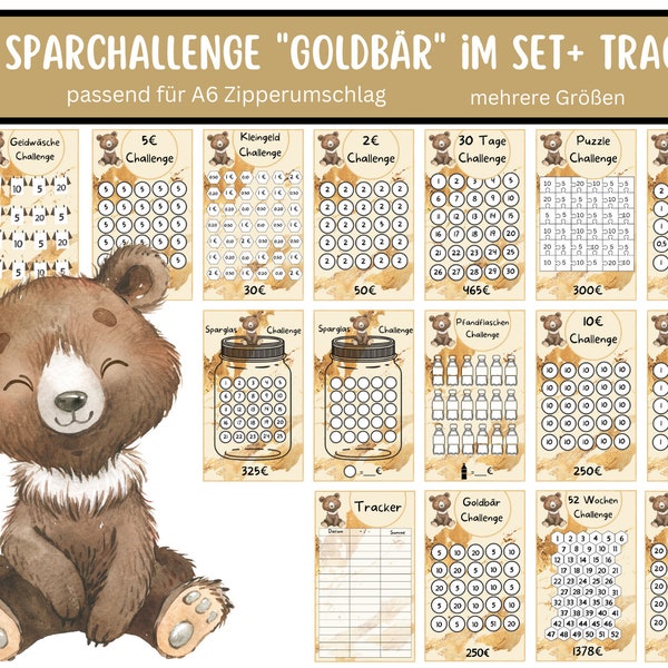 Sparchallenge Set Goldbär PDF passend für A6 Umschläge im Sparbinder - deutsche Version - Digitaler Download bär Bear Umschlagmethode