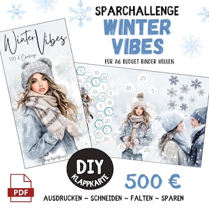 Desafío de ahorro de invierno: juego de 3 tarjetas plegables | Desafío plegable A6 | Objetivo de ahorro de 500 EUR | Descarga digital | Para sobres y planificadores de presupuesto