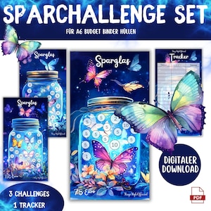 Könnte beinhalten: Ein digitales Download-Set mit dem Thema Spar-Challenge. Das Design umfasst Illustrationen von Gläsern mit Schmetterlingsakzenten, Zahlen und dem Text "Sparglas". Das Set enthält einen Tracker und Challenges.