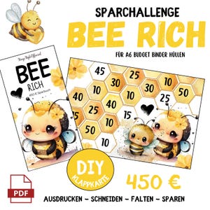 &quot;Bee Rich&quot; savings challenge – save 450 euros | Bee-themed folding card | A6 PDF download | Cute savings template to print | Budget binder