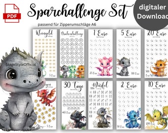 Sparchallenge Set Drache PDF passend für A6 Umschläge im Sparbinder - deutsche Version - Digitaler Download Unicorn Umschlagmethode