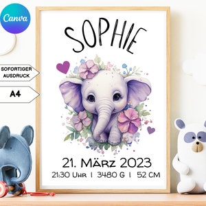 PIATTO NASCITA elefante animali della foresta digitale | Poster delle date di nascita | Locandina nascita | Annuncio di nascita | regalo di nascita personalizzato