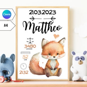 Regalo Nacimiento Bebé PLACA DE NACIMIENTO Zorro Animales del Bosque Fechas de Nacimiento Digital Cartel Nacimiento Cartel Anuncio de Nacimiento Regalo Personalizado Nacimiento