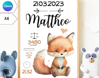 Regalo per baby shower, bacheca per annunci di nascita, volpe, animali del bosco, poster digitale con i dati di nascita, regalo personalizzato per annunci di nascita