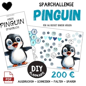 Vouwkaart pinguïn spaarboekje 200 EUR | Spaarspel met dobbelstenen | Tracker downloaden | A6 cover DIY spaarchallenge PDF