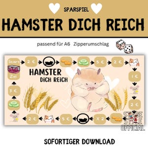 Può includere: Un gioco da tavolo stampabile chiamato "Hamster Dich Reich" con un'illustrazione di un simpatico criceto. Il gioco è progettato per buste di formato A6 e include istruzioni per giocare.