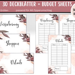 Könnte beinhalten: 30 druckbare Budgetblätter mit floralen Designs. Die Blätter sind mit "Versicherung", "Shoppen" und "Urlaub" beschriftet.